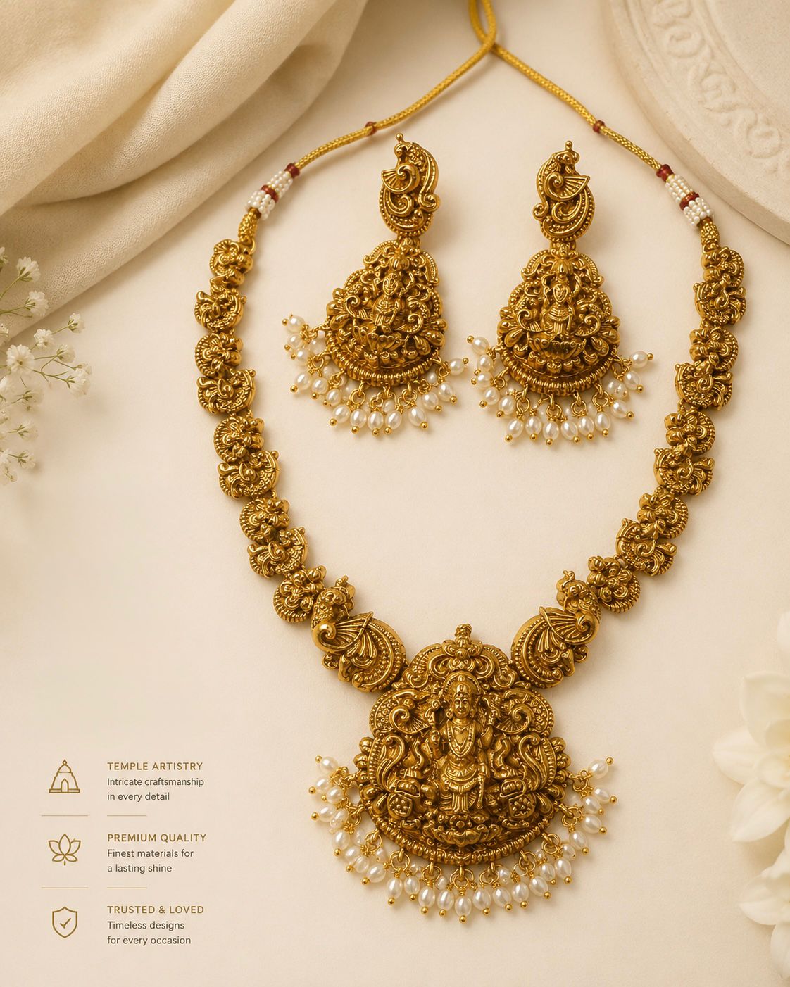 Antique Gold Lakshmi Long Necklace Set with Pearl Drops | OL153