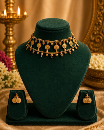 Antique Gold Coin & Heart Charm Choker Necklace Set | OL177