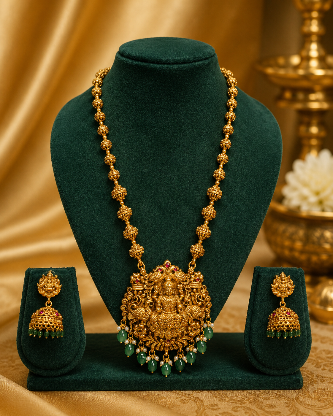 Antique Gold Lakshmi Ball Chain Long Necklace Set with Emerald | OL174