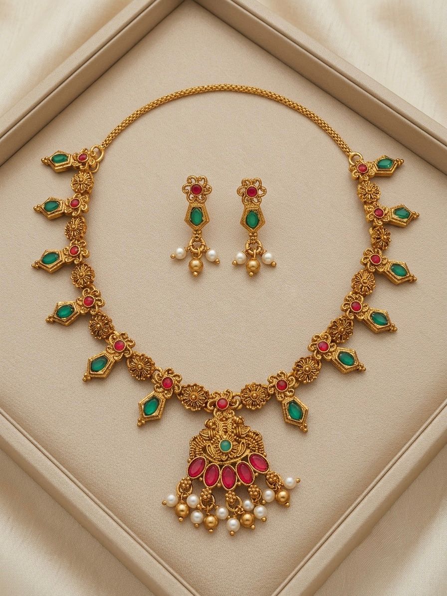 Antique Gold Lakshmi Necklace Set with Ruby & Emerald | OL172