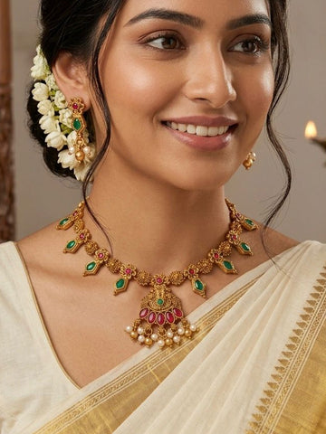 Antique Gold Lakshmi Necklace Set with Ruby & Emerald | OL172