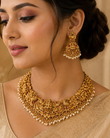 Antique Gold Lakshmi Temple Necklace Set with Pearl Drops | OL 44