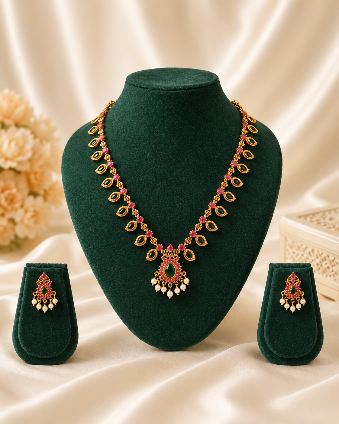 Gold Ruby Emerald Kemp Marquise Leaf Necklace Set | OL 40
