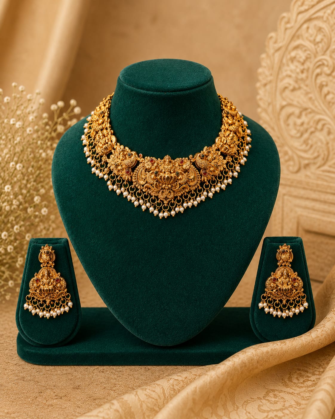 Antique Gold Lakshmi Temple Necklace Set with Pearl Drops | OL 44