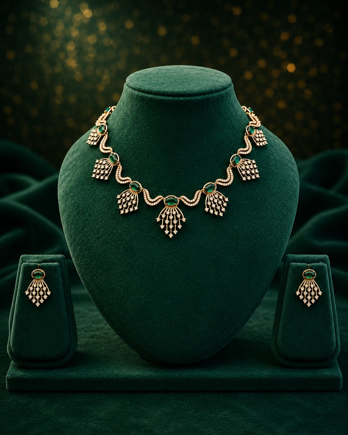 Rose Gold CZ Diamond Pink Stone Wave Necklace Set | OL 38