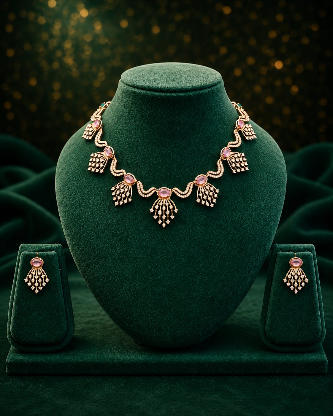 Rose Gold CZ Diamond Pink Stone Wave Necklace Set | OL 38