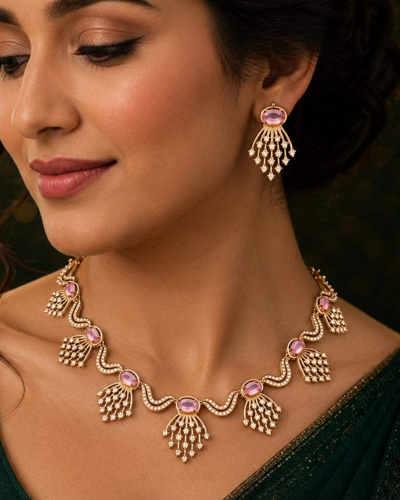 Rose Gold CZ Diamond Pink Stone Wave Necklace Set | OL 38