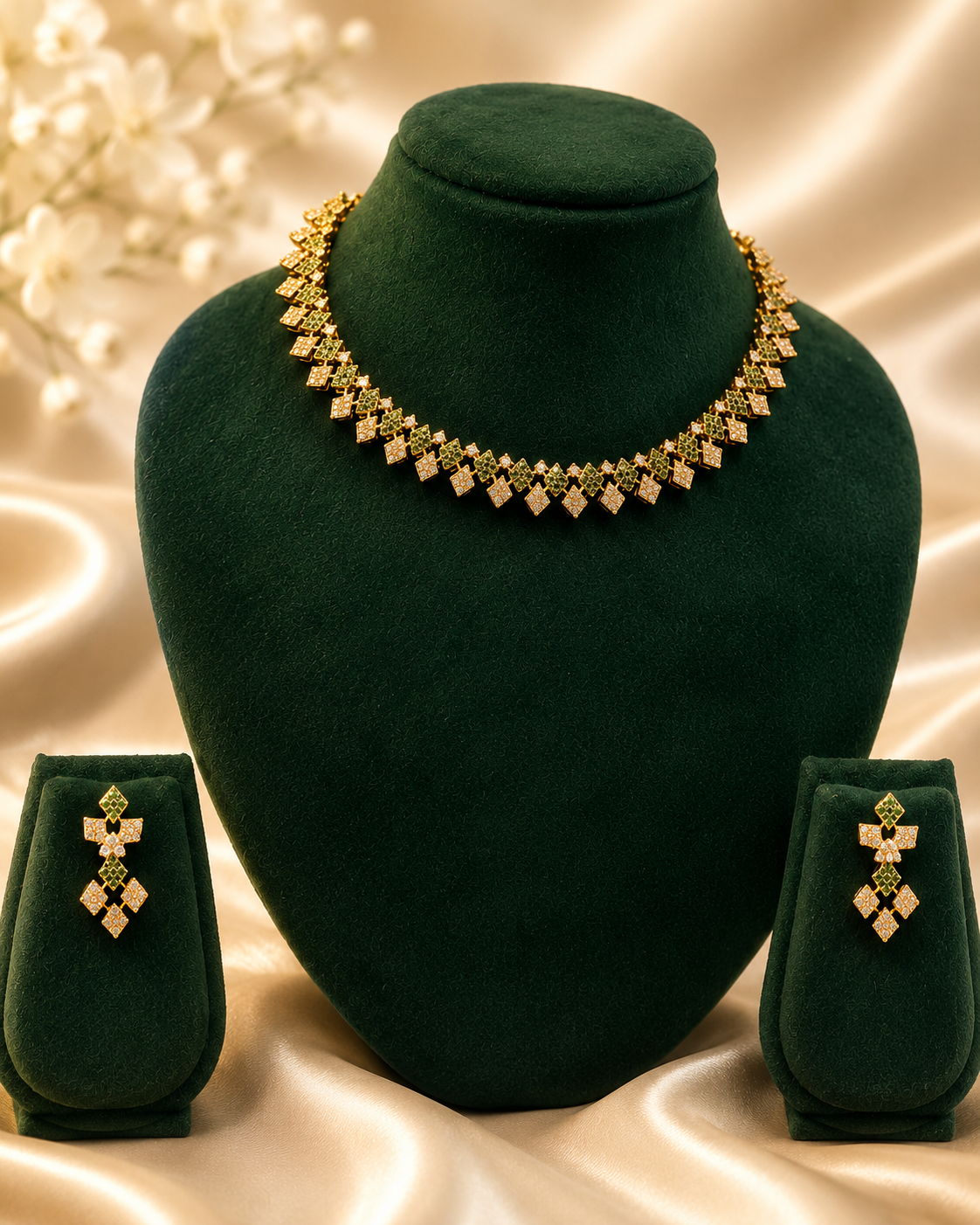 Gold CZ Emerald Green Geometric Choker Necklace Set | OL 36