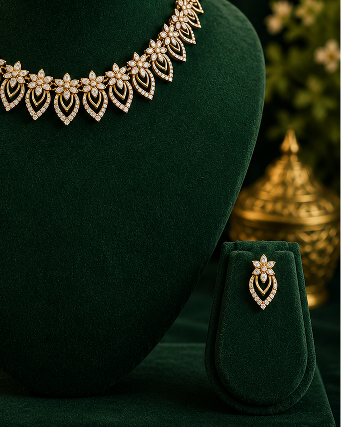 Gold CZ Diamond Floral Marquise Leaf Choker Necklace Set | OL 37