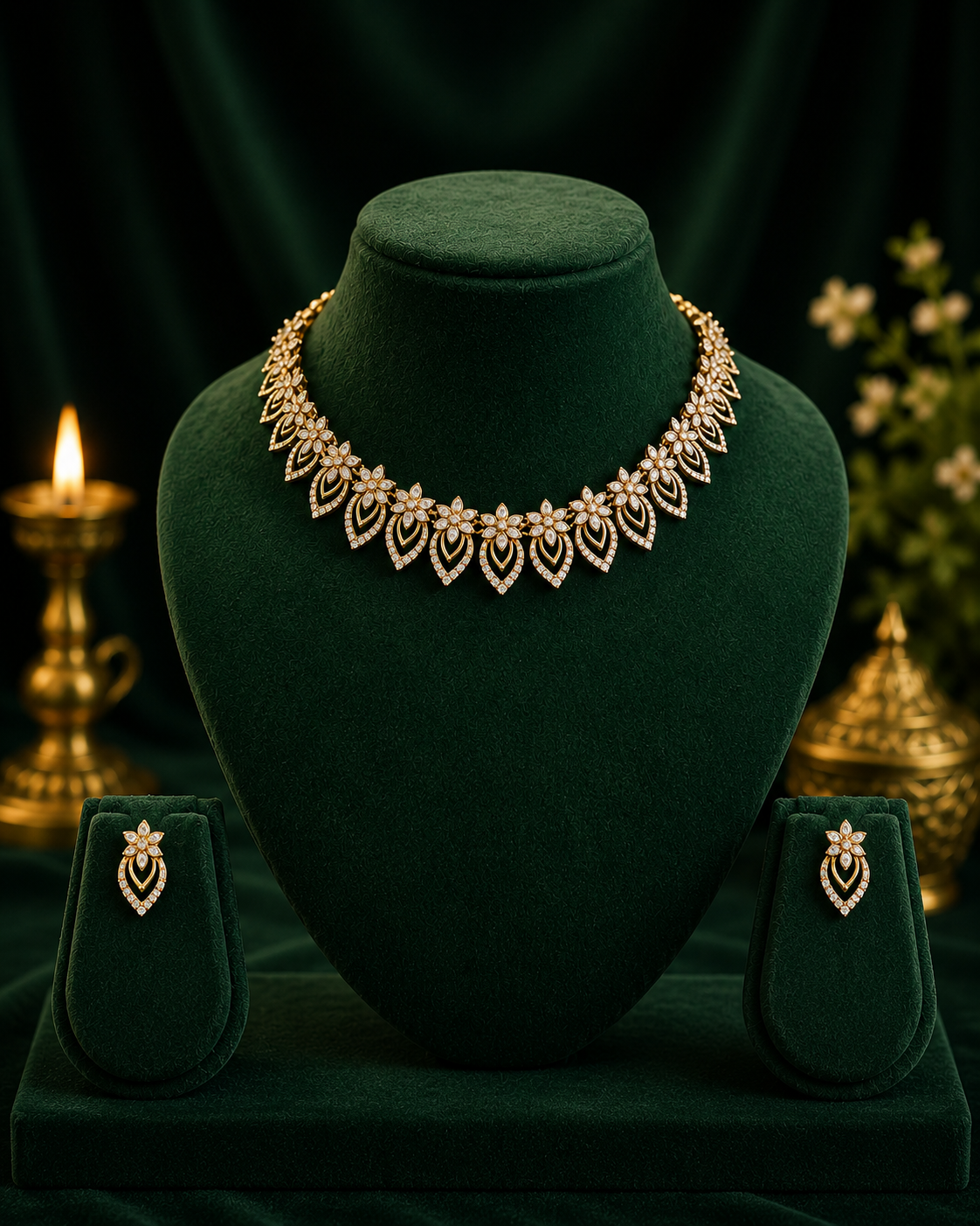 Gold CZ Diamond Floral Marquise Leaf Choker Necklace Set | OL 37