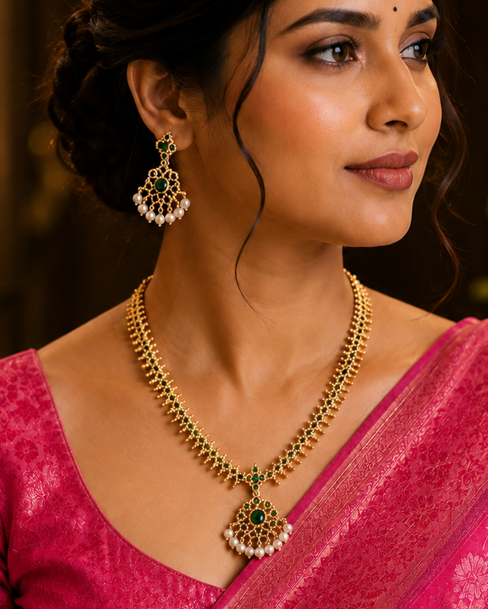 Gold Nakshi Ball Chain Long Necklace Set with Emerald Pendant | OL 54