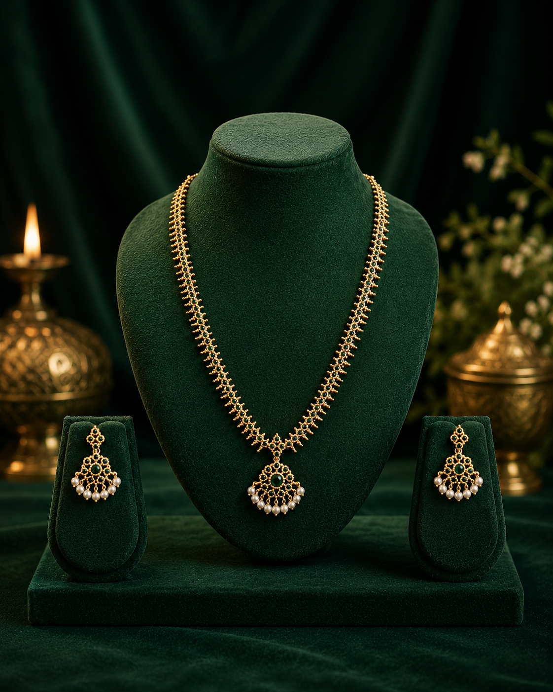 Gold Nakshi Ball Chain Long Necklace Set with Emerald Pendant | OL 54