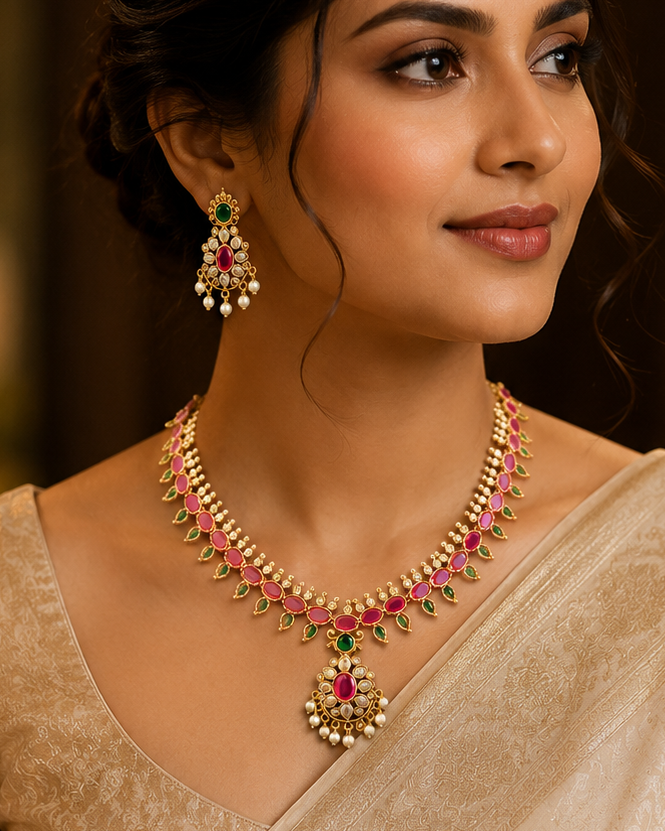 Gold Ruby Emerald Kemp Oval Stone Necklace Set | OL 47