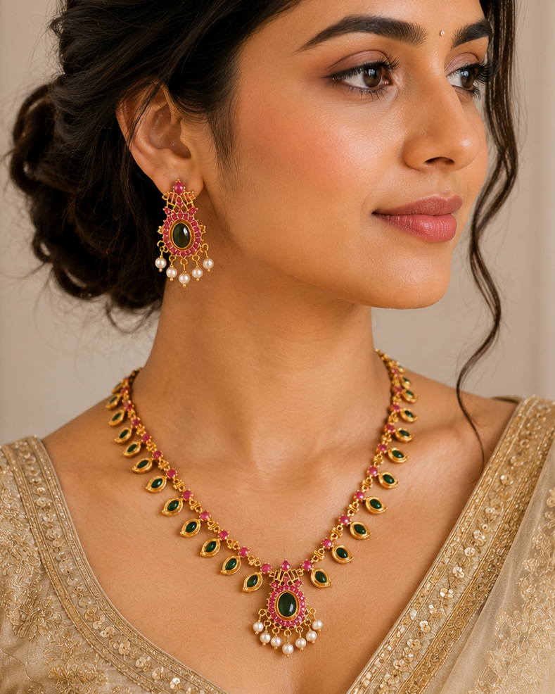 Gold Ruby Emerald Kemp Marquise Leaf Necklace Set | OL 40
