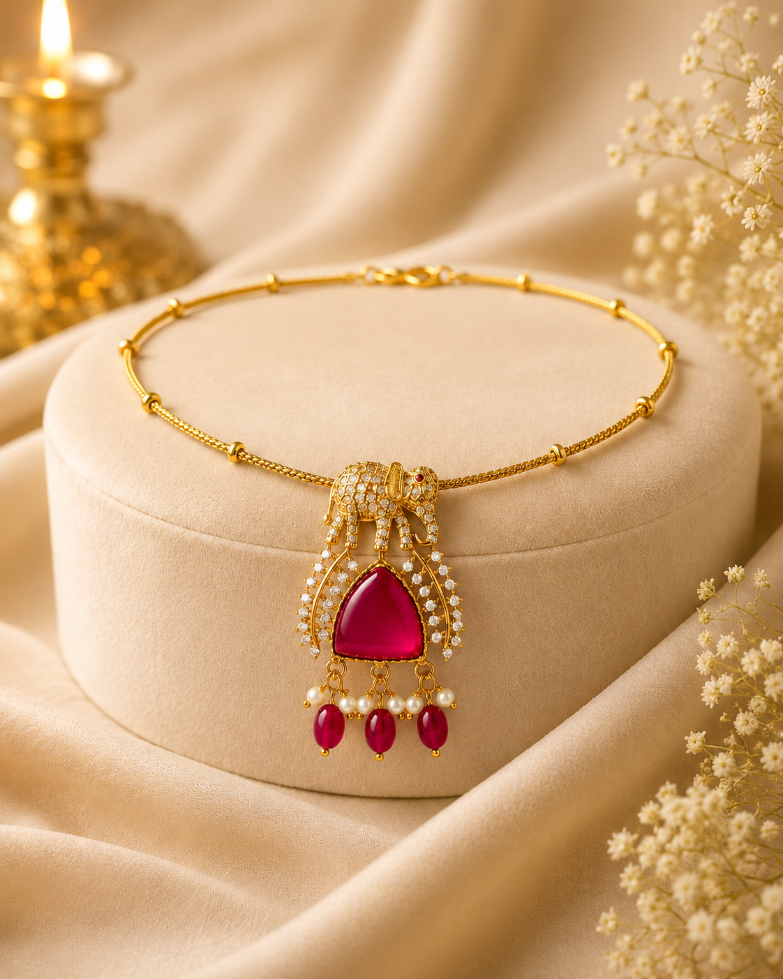Gold CZ Elephant Pendant Choker Necklace with Rose Quartz | OL 34