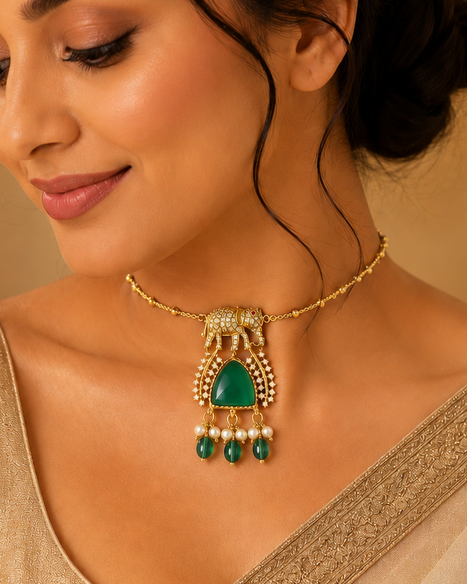 Gold CZ Elephant Pendant Choker Necklace with Green Onyx | OL 62