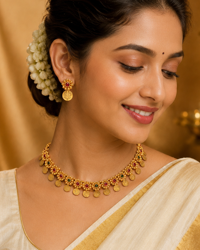 Antique Gold Lakshmi Coin Choker Necklace Set with Ruby |OL160