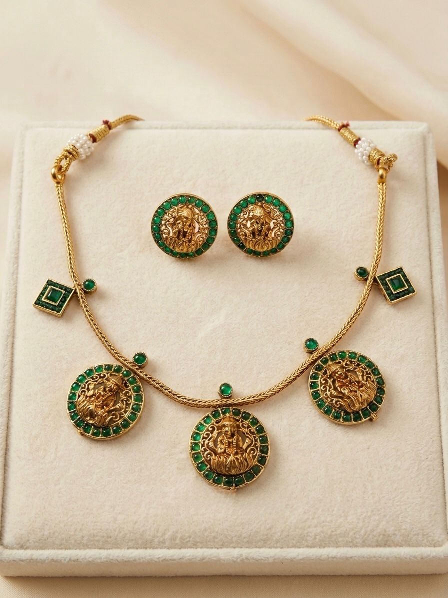 Antique Gold Lakshmi Emerald Necklace Set with Stud Earrings |  OL154