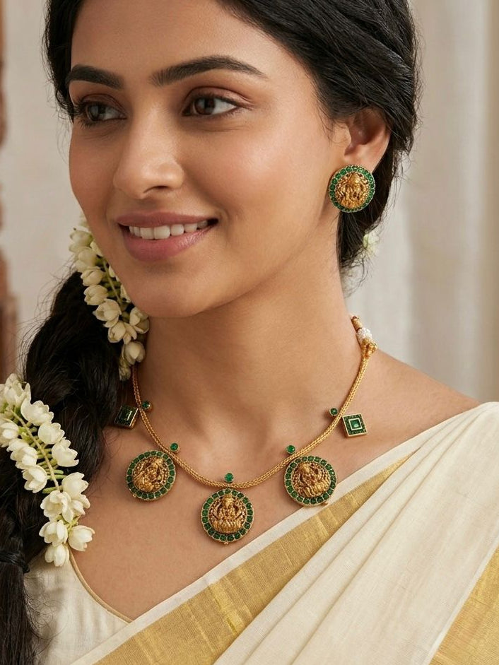 Antique Gold Lakshmi Emerald Necklace Set with Stud Earrings |  OL154
