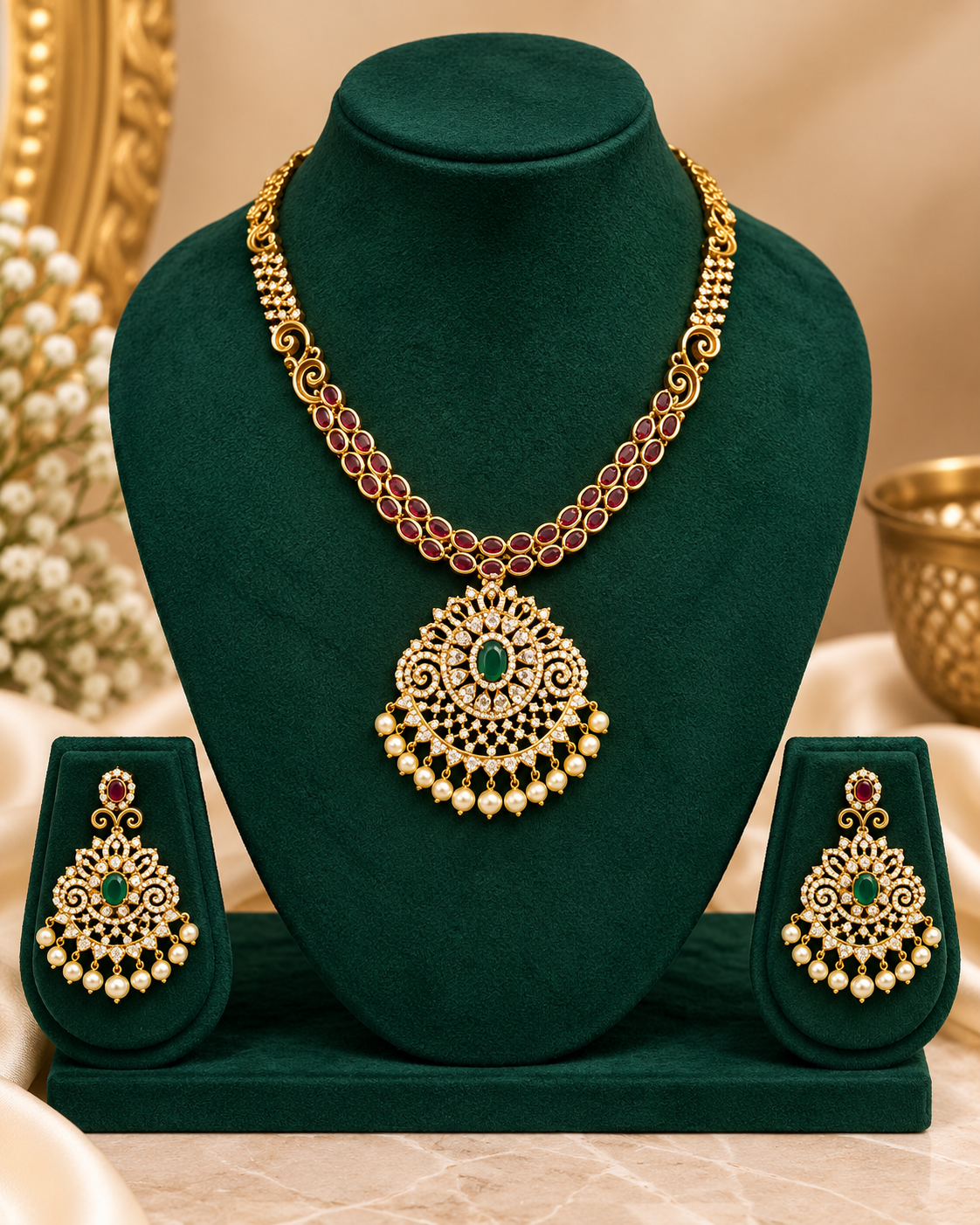 Ruby Emerald Pearl Necklace Set | ALOA1