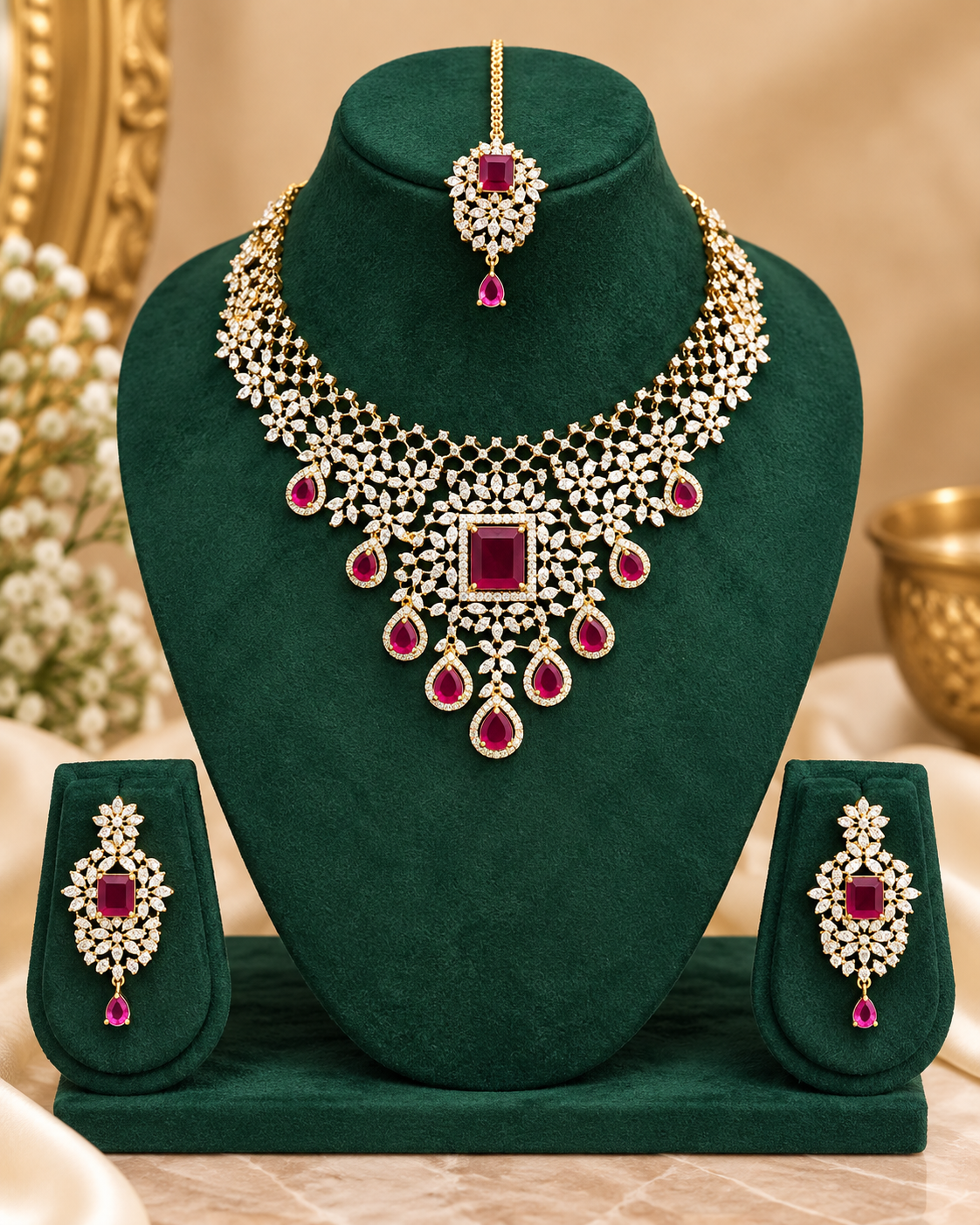 Ruby Diamond Necklace Set with Maang Tikka & Earrings | ALOA11