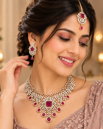 Ruby Diamond Necklace Set with Maang Tikka & Earrings | ALOA11