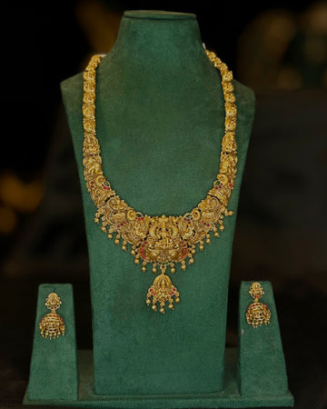 Antique Gold Lakshmi Bridal Necklace Set with Jhumka Earrings | ALOA17