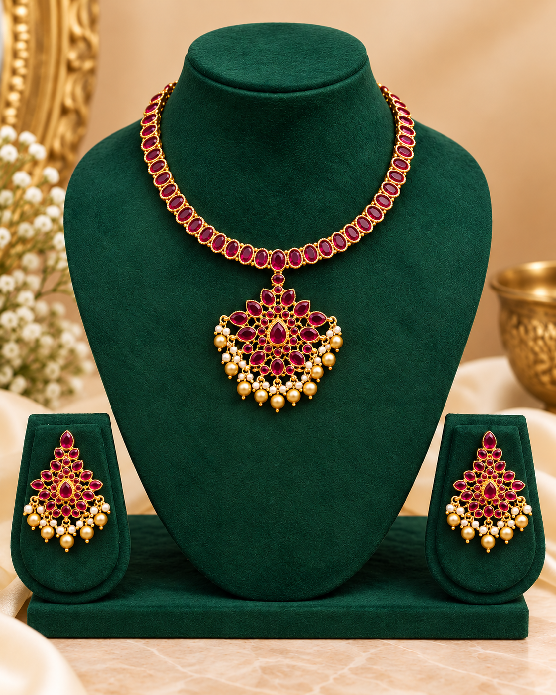 Ruby Floral Pearl Necklace Set | ALOA19