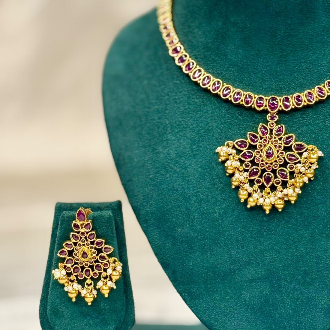 Ruby Floral Pearl Necklace Set | ALOA19