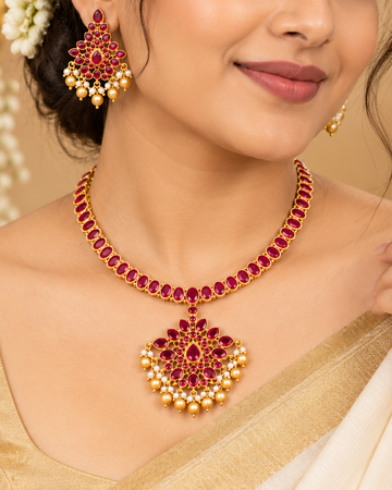 Ruby Floral Pearl Necklace Set | ALOA19