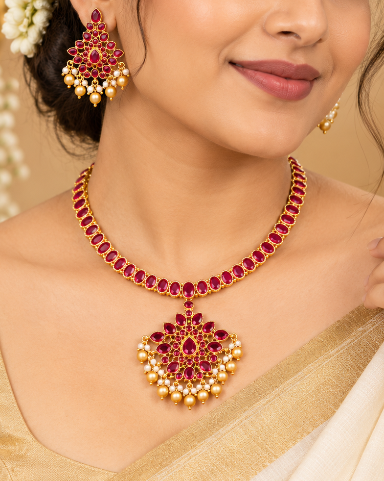 Ruby Floral Pearl Necklace Set | ALOA19
