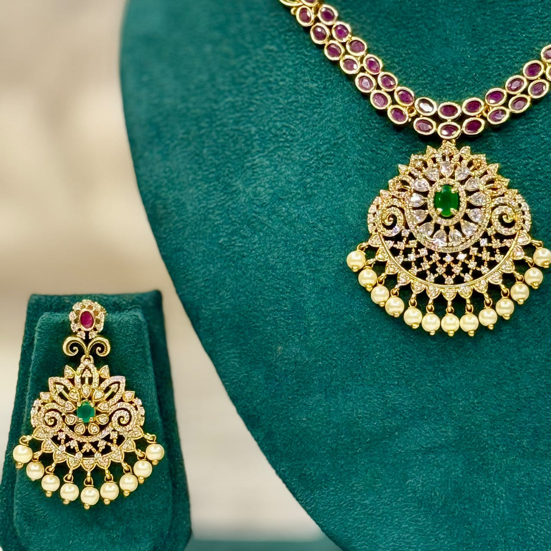 Ruby Emerald Pearl Necklace Set | ALOA1