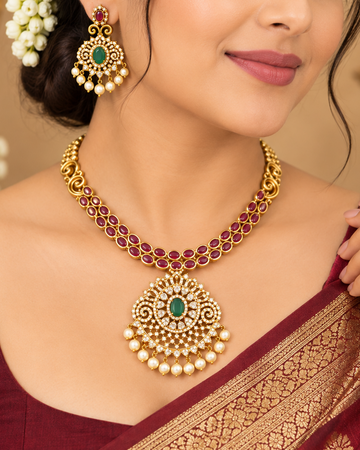 Ruby Emerald Pearl Necklace Set | ALOA1