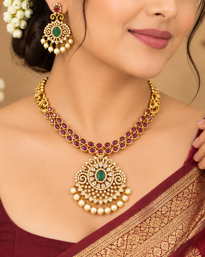 Ruby Emerald Pearl Necklace Set | ALOA1