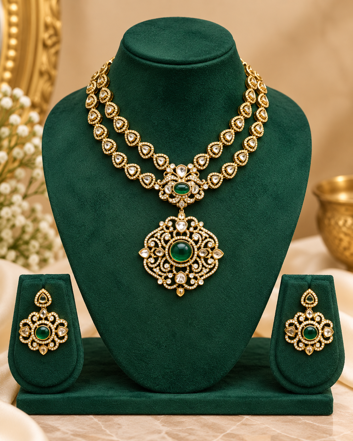 Emerald Green Kundan Necklace Set | ALOA2