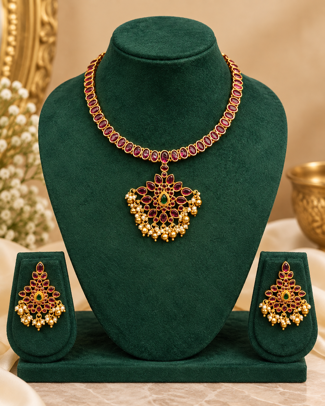 Ruby Floral Pearl Necklace Set | ALOA21
