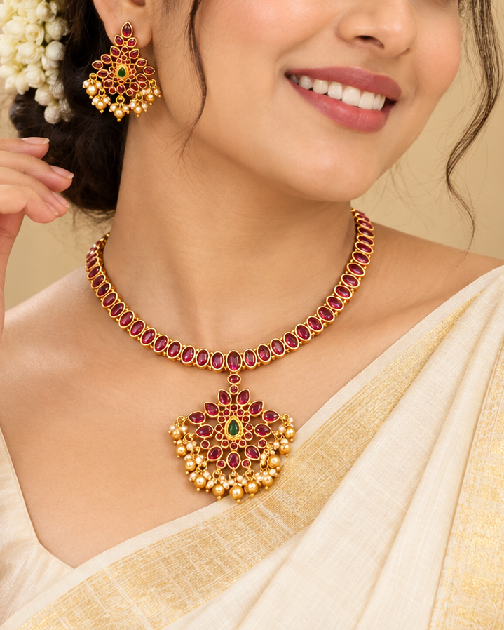 Ruby Floral Pearl Necklace Set | ALOA21