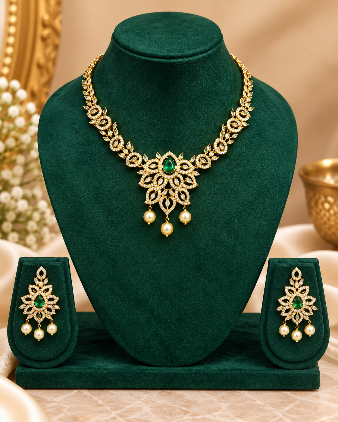 Elegant Green Stone Gold Necklace Set with Matching Earrings | ALOA22
