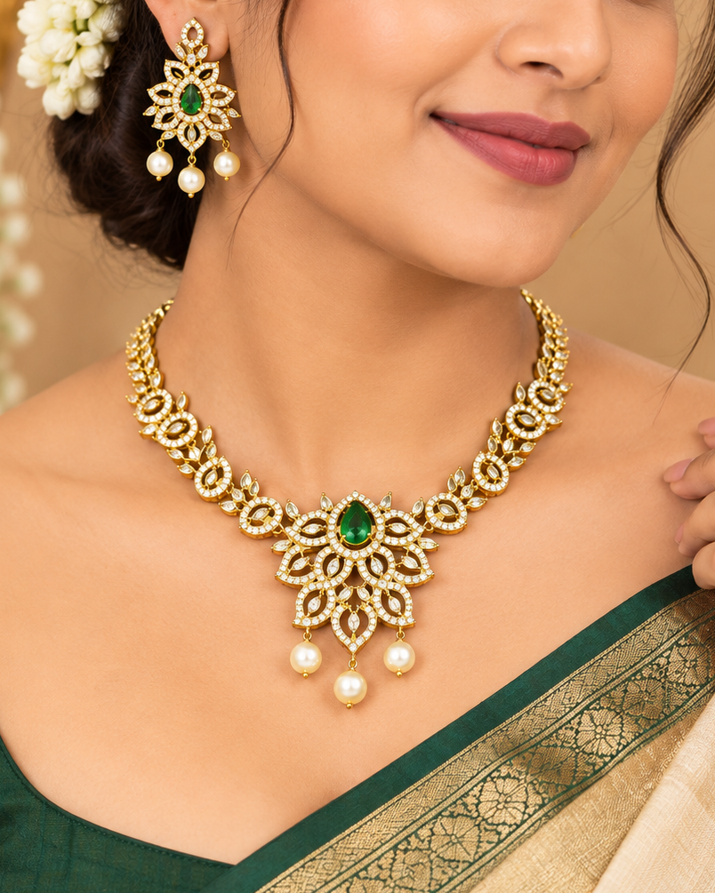 Elegant Green Stone Gold Necklace Set with Matching Earrings | ALOA22