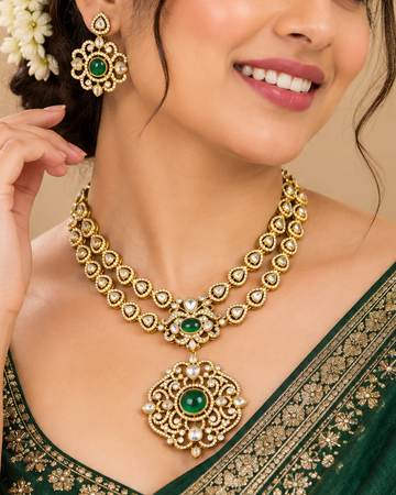 Emerald Green Kundan Necklace Set | ALOA2