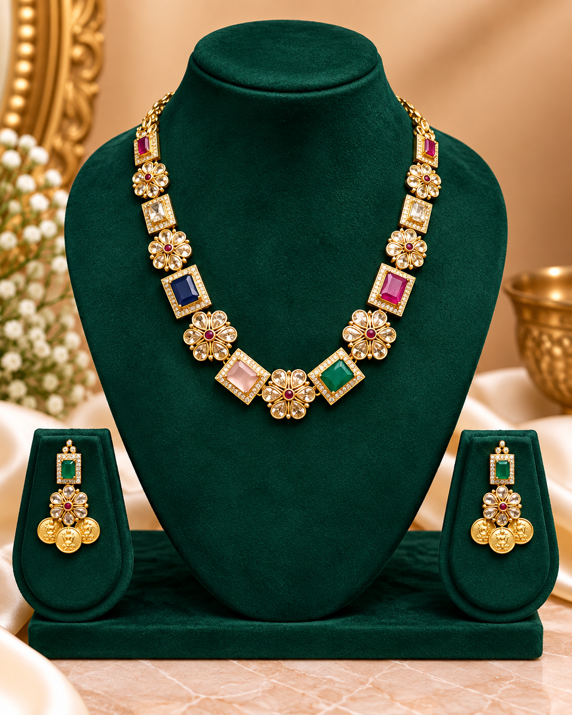 Multicolour Stone Necklace Set | ALOA6