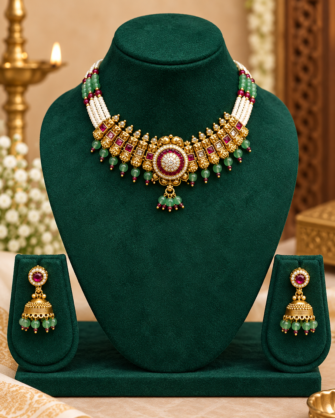 Green Beaded Kundan Choker Set | ALOA7