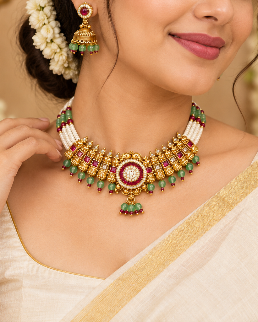 Green Beaded Kundan Choker Set | ALOA7