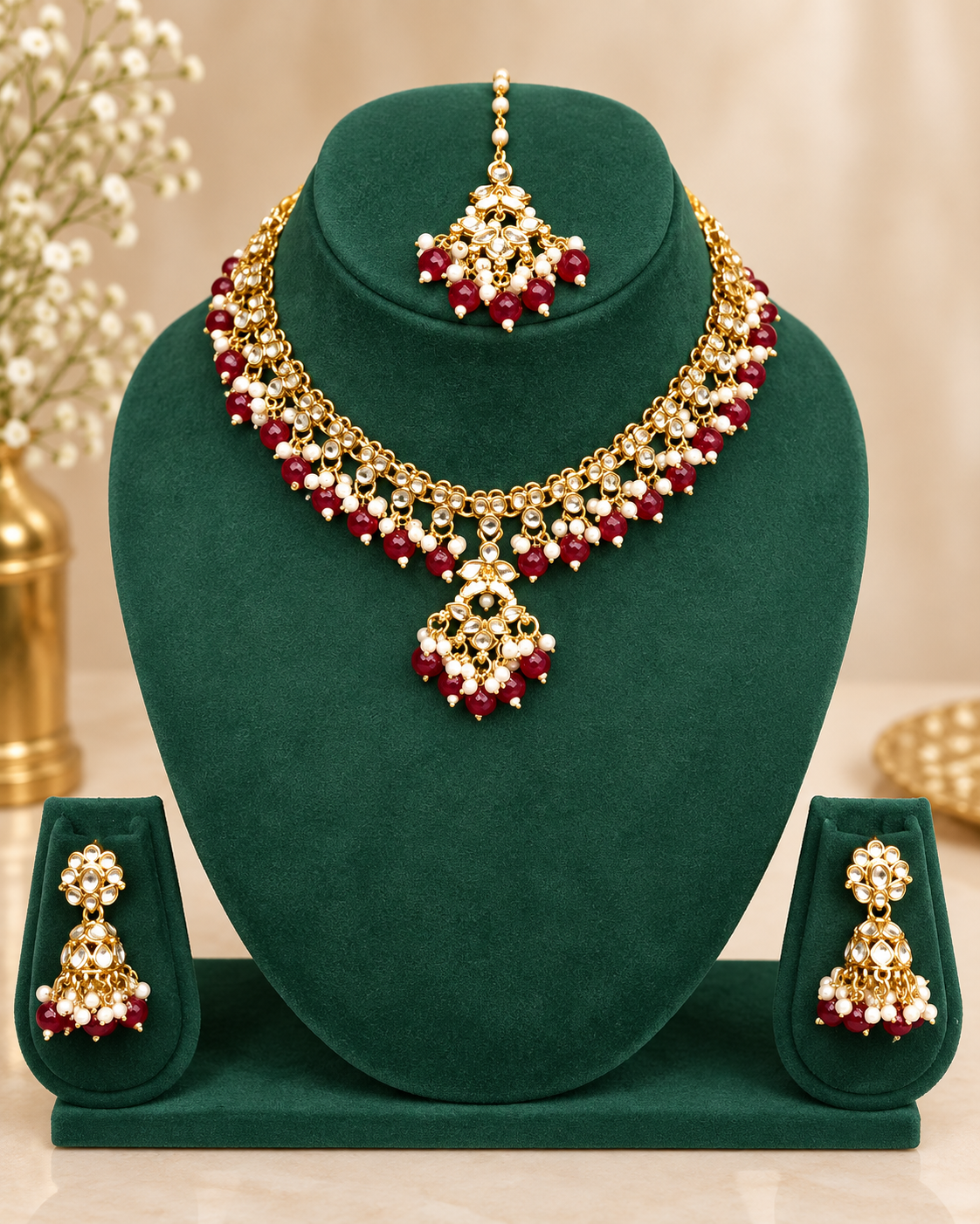 Pearl Drop Stone Bridal Necklace Set | ALOB10