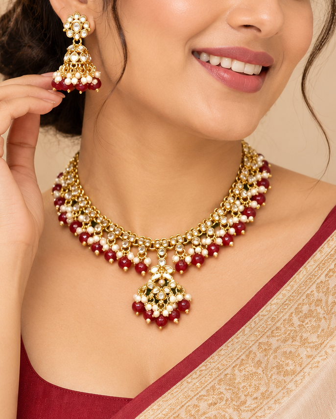 Pearl Drop Stone Bridal Necklace Set | ALOB10