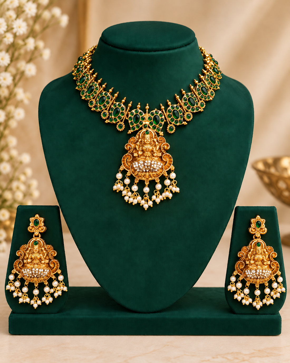 Antique Gold Pearl Drop Necklace Set | ALOB16