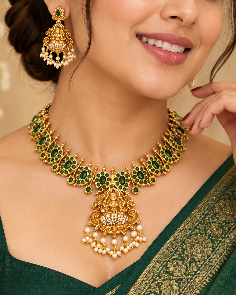 Antique Gold Pearl Drop Necklace Set | ALOB16