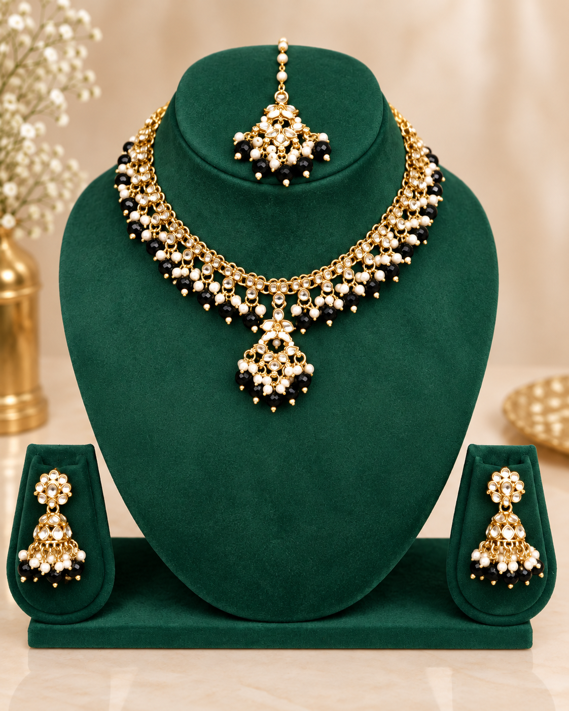 Pearl Drop Stone Bridal Necklace Set | ALOB3