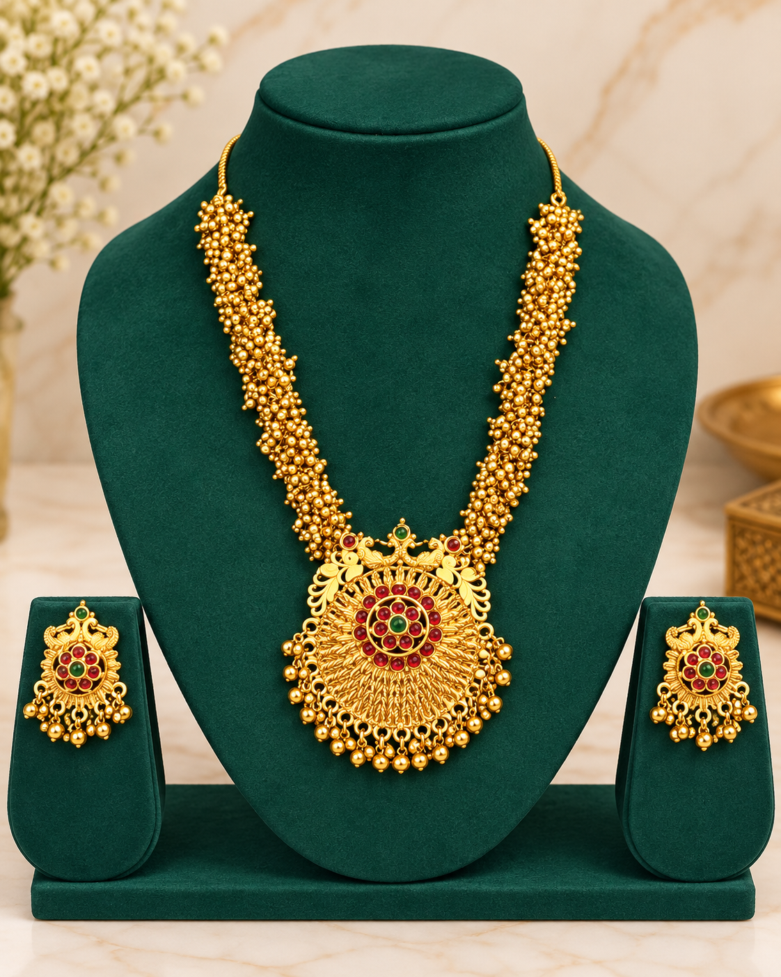 Antique Floral Stone Necklace Set | ALOB31