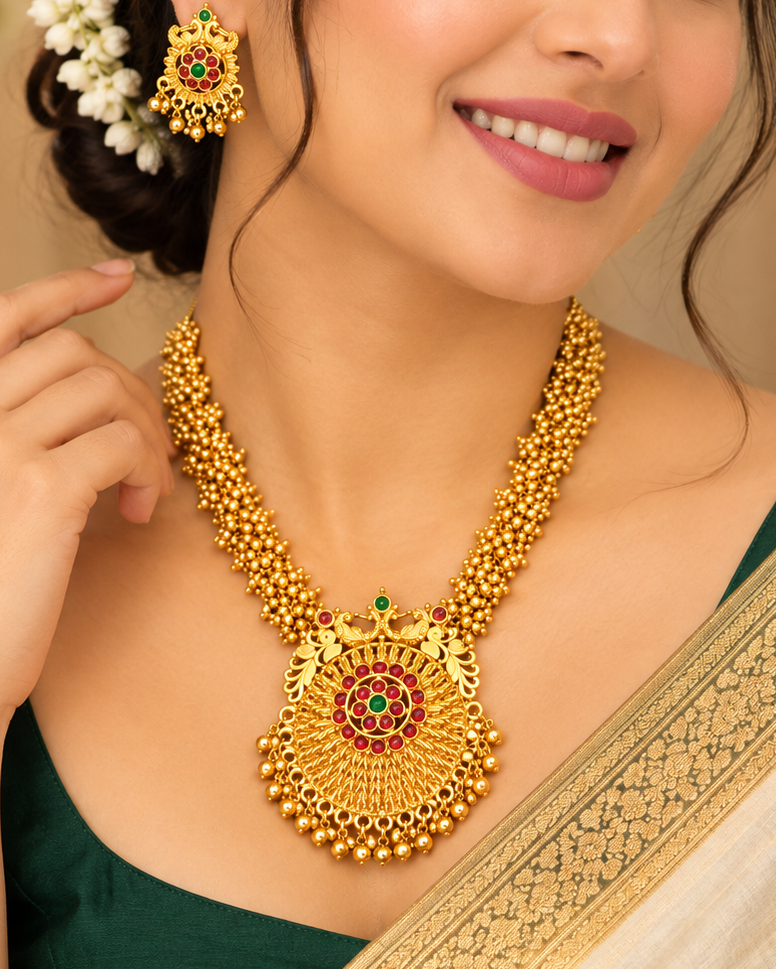 Antique Floral Stone Necklace Set | ALOB31